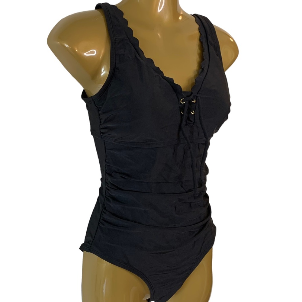New Black one piece bathing suit covers cheeks loose waterfall fabric S